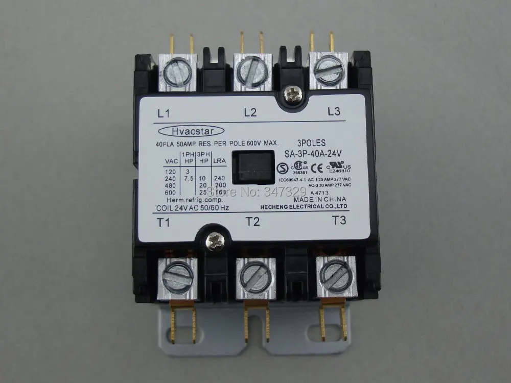 Hvacstar SA-3P-40A-24V Definite Purpose Contactor 3Poles 40FLA 24V AC Coil , DP Contactor, Air Conditioner Contactor