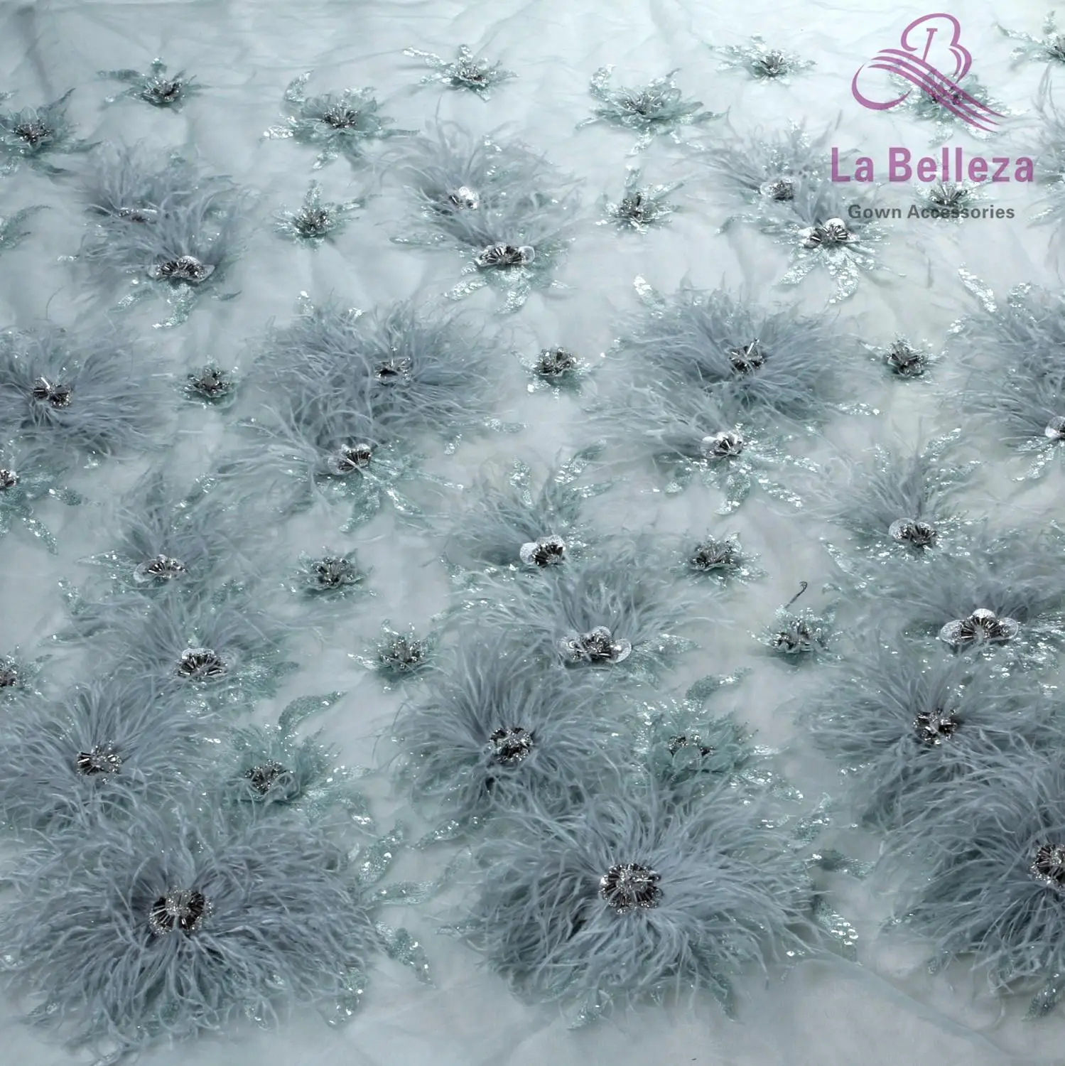 La Belleza New Upscale glittering gray,pink heavy 3D flowers feather beaded crystal wedding/evening dress lace fabric 1 yard