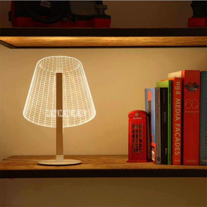 Luminária led inovadora com visão 3d, lâmpada de mesa para leitura e aprendizagem, suporte de madeira, acrílico, 110-240v 5w