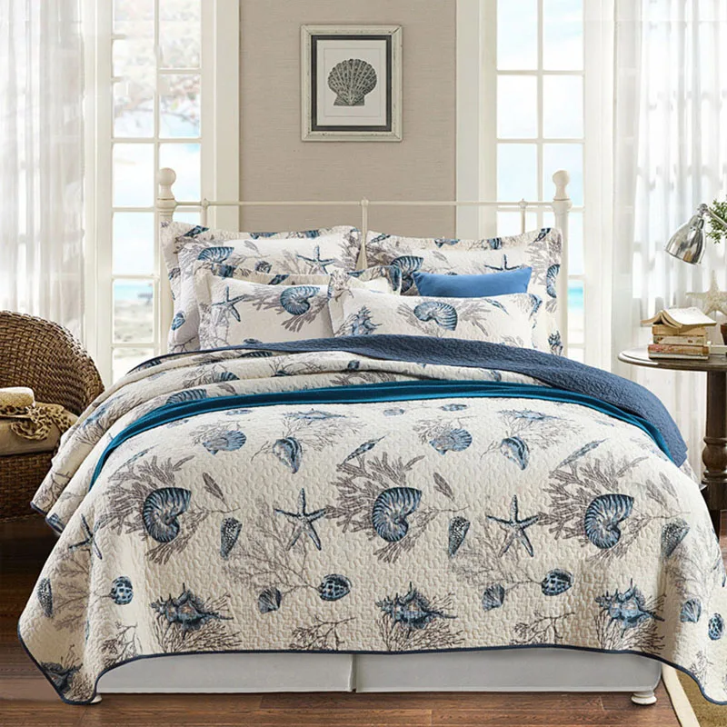 

Marine Style Bedspread on the Bed Quilt Set 3PCS 100% Cotton Blanket for Bed King Queen Size Summer Quilted Coverlet