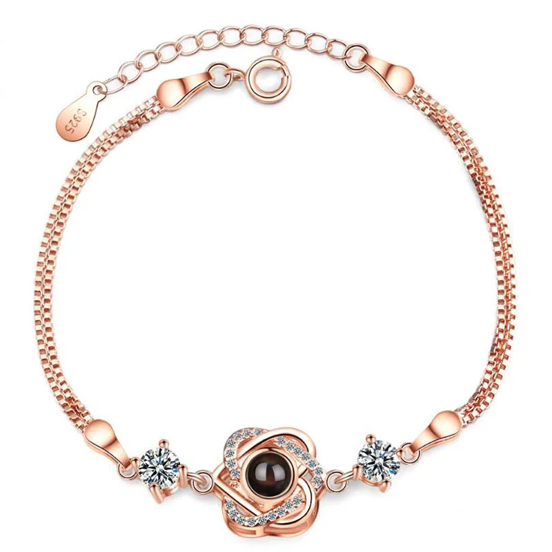 New 925 Sterling Silver 2 Heart Bracelet For Women Jewelry Projection I Love You Rose Gold Bracelet Lady Anniversary Accessories