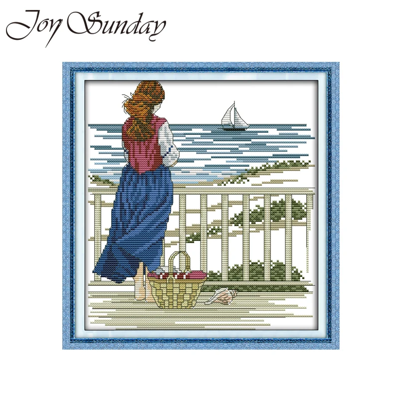 Joy Suanday Cross Stitch Embroidery Aida Fabric Watching the sea 14 11CT DMC Thread Water Soluble Canva Stitch Cross Needlework