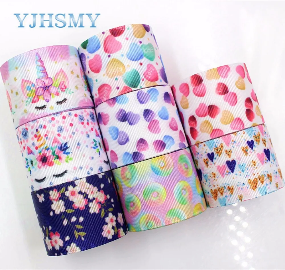 YJHSMY G-18604-332,10 yard 38 mm Love heart Ribbons Thermal transfer Printed grosgrain Wedding Accessories DIY handmade material