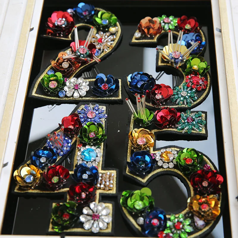 

3D number rhinestone beaded patches for clothes bag DIY sew on flower number sequins appliques patch Decorative floral Parches