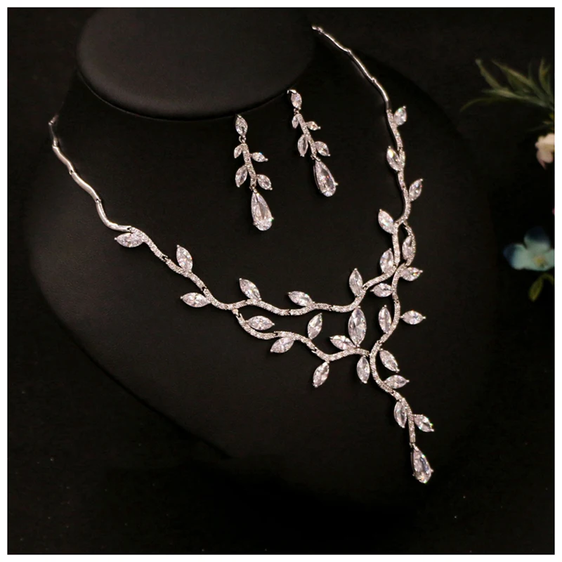 Zircon Wedding Jewelry Sets Choker Necklace Wedding Necklaces and Earrings for Women Floral Wedding Accessories