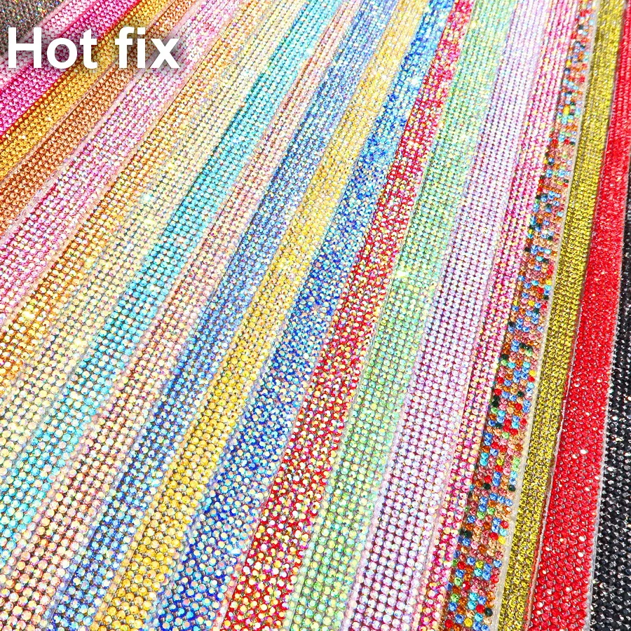 Colorful Hot Fix Iron on SS6 2MM Full Glass Crystal Rhinestone Mesh 24 X 40 CM  Wedding Dress  Fixation Trimming