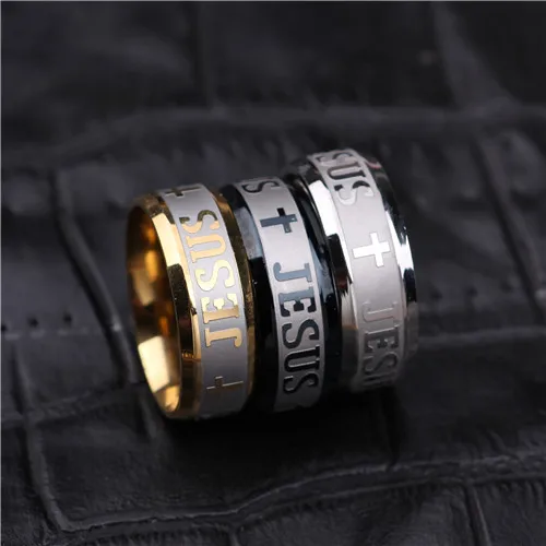 MANGOPIE High quality large size 8mm 316 Titanium Steel gold plated jesus cross Letter bible wedding band ring men women