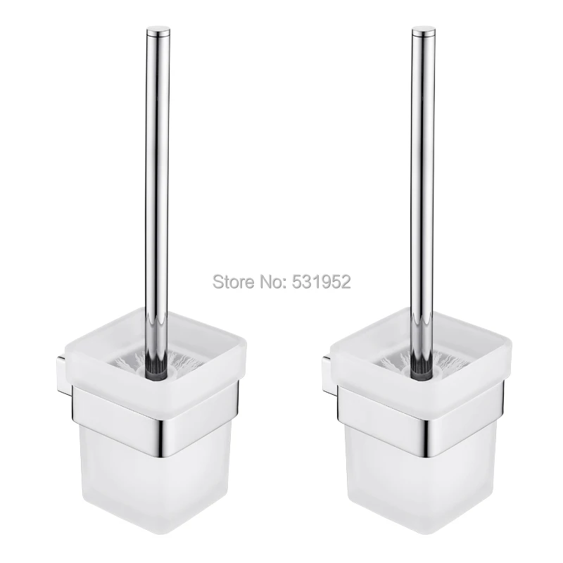 Square Bathroom Toilet Brush With Holder Glass Cup Wall Mount Contemporary Style Toilet Brush Polished Bathroom Accessories