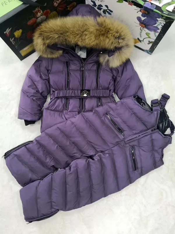 

80cm -140cm 2021 Winter Jacket Children down jackets & PANT duck down Fur hooded girl snowsuit boy Suit set outerwear ski suit