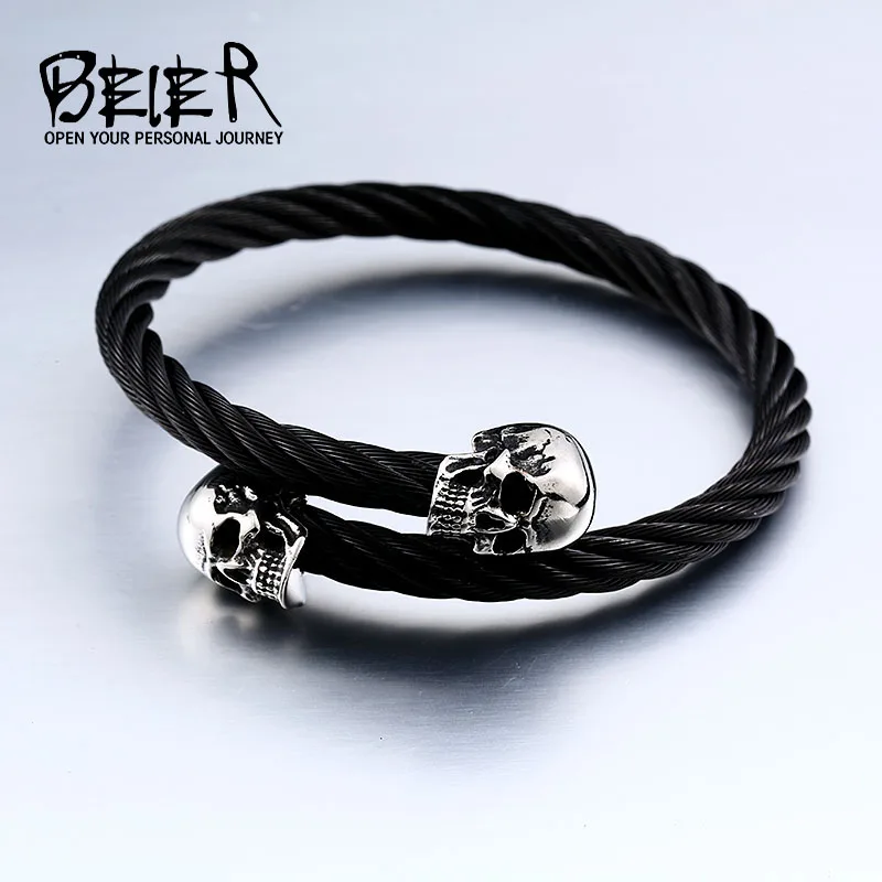 Beier new store 316L Stainless Steel Bangles high quality for women and men double skull PUNK Bangles fashion jewelry LLBRG-012G