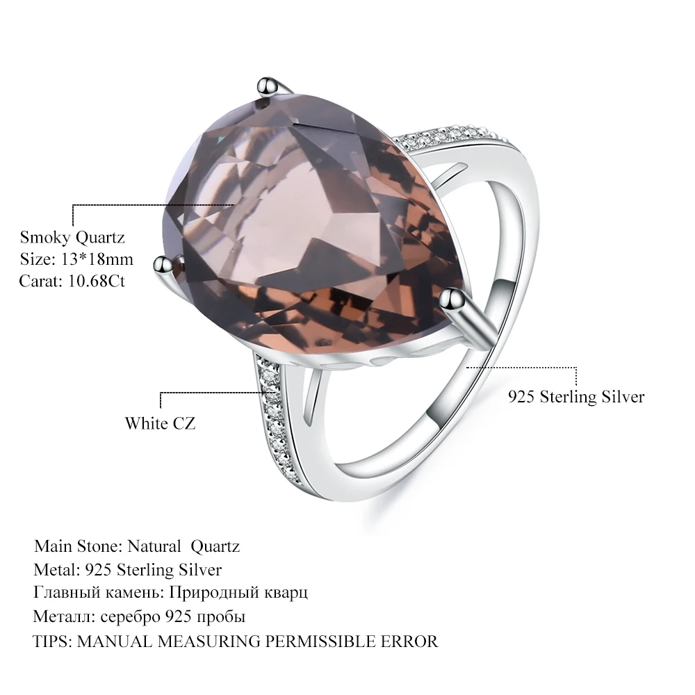 Gem\'s Ballet 10.68ct Natural Smoky Quartz Gemstone Cocktail Rings For Women 925 Sterling Silver Engagement Ring Fine Jewelry