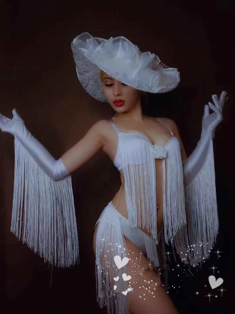 Bar Nightclub Sexy Gogo Dance Costume Red White Lace Hat Tassel Bikini Rave Festival Outfit DJ Dancer Team Performance Clothing