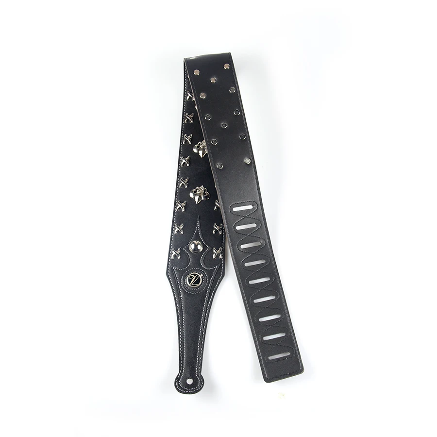 Black Genuine Leather Guitar Strap High Quality Durable  Strap For Acoustic Electric Guitar Bass Strap Inlaid with Metal Pattern