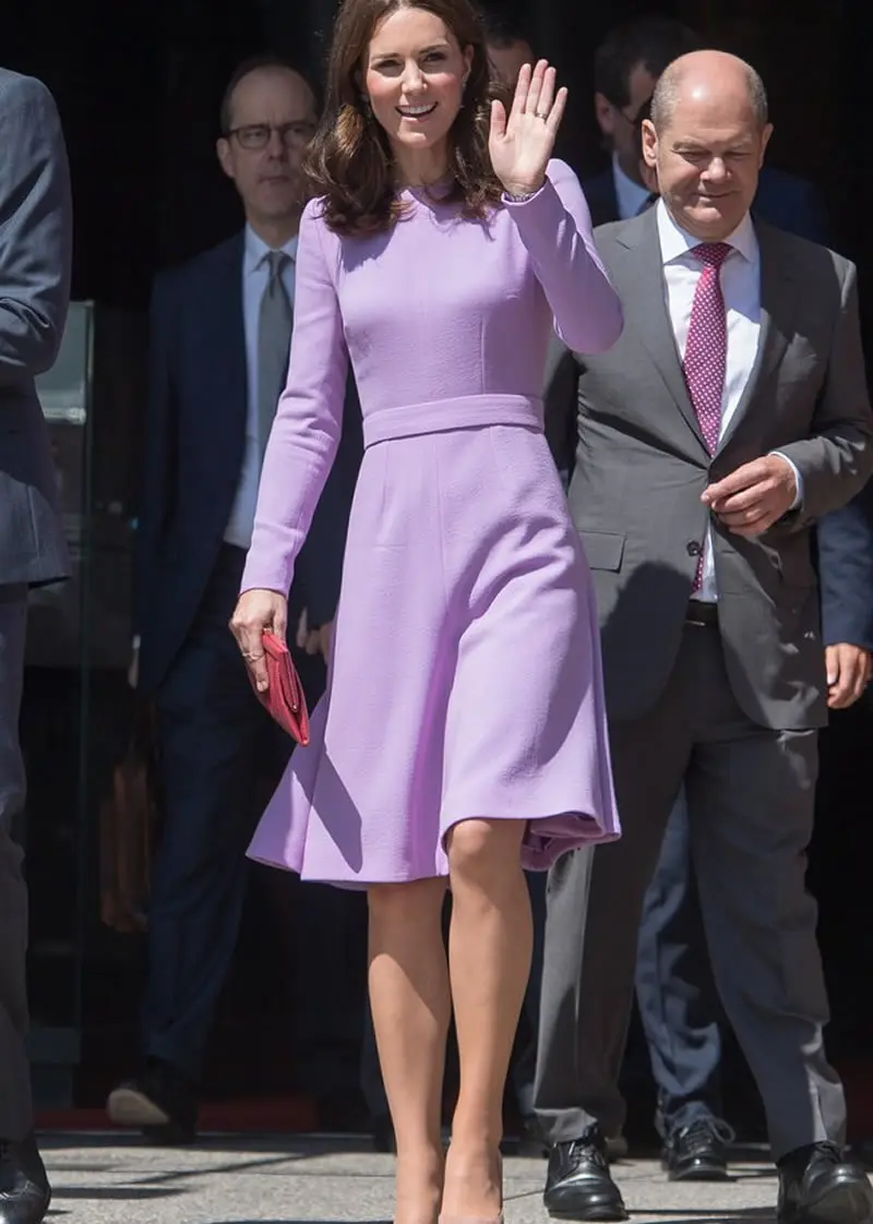 Princess Dress Fashion Kate Middleton Purple Dress long sleeve women pleated  Dres