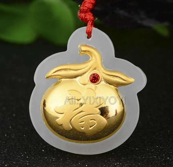 

Beautiful Natural White Hetian Jade + 18K Solid Gold Chinese Fu Fruit Lucky Dangle Pendant + Free Necklace Fine Jewelry