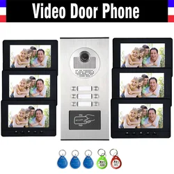 Sistema de intercomunicación para apartamentos, Kit de videoportero para puerta, teléfono, cámara HD, Monitor de 7 pulgadas con keyfobs RFID para 6 hogares, 6 unidades