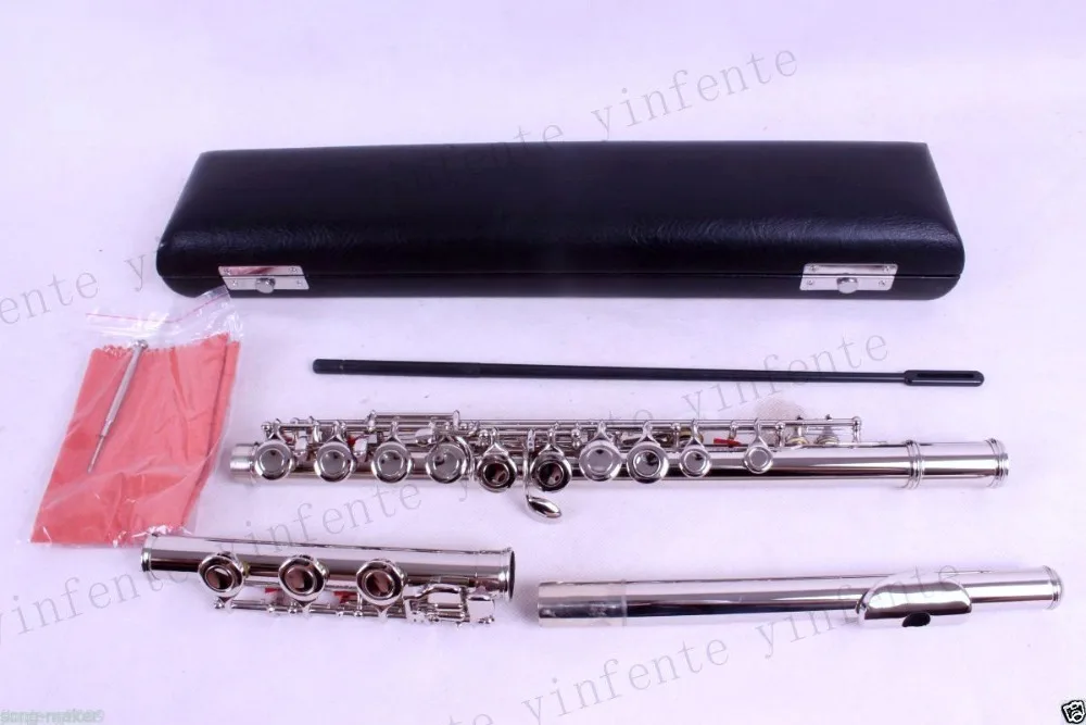 17 Holes E Key Flute Cupronickel Nickel Plated Concert Flute with Cleaning Cloth Stick Gloves Screwdriver Padded Bag