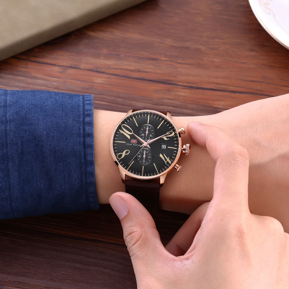 MINI FOCUS orologio da uomo alla moda di marca orologio da uomo con cinturino in vera pelle orologio da polso cronografo impermeabile al quarzo con datario
