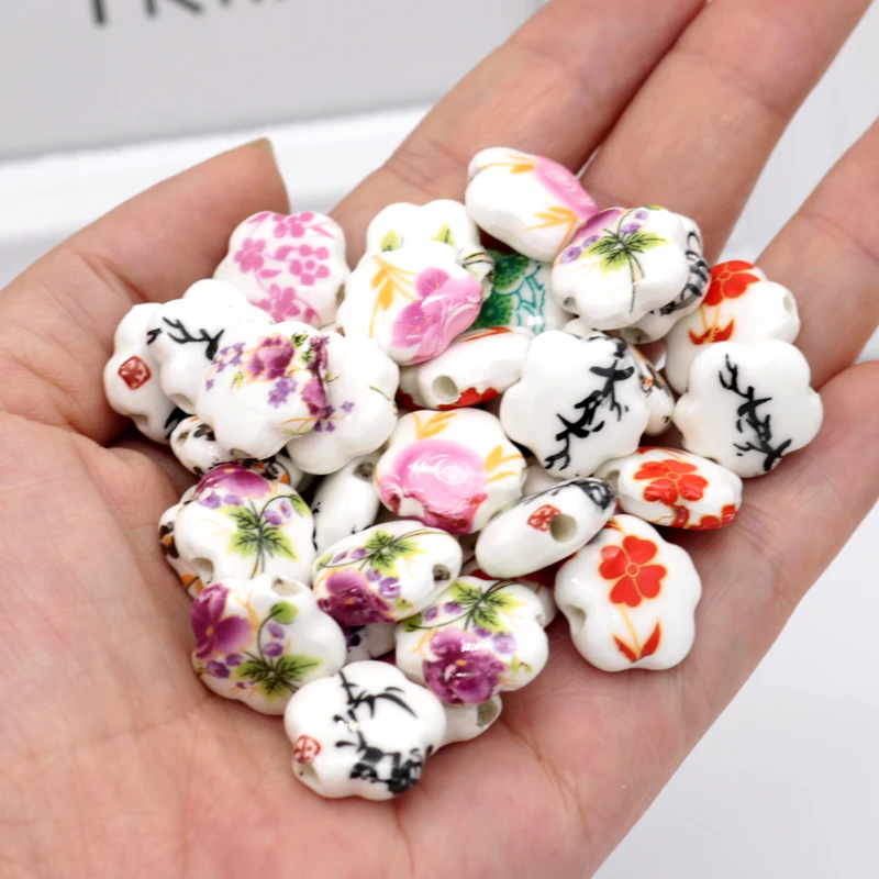 10Pcs/Lot 15MM Ceramic Beads Fit Necklace Bracelets DIY Spacer Beads For Jewelry Making Flower Shape Porcelain Beads Accessories