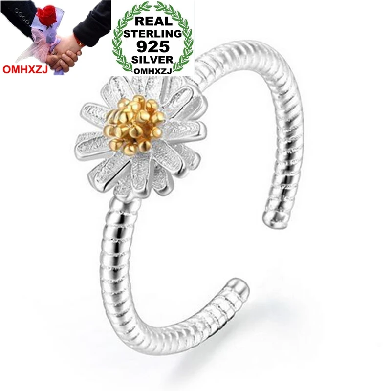 OMHXZJ Wholesale Fashion joker Simple Little Daisy Sun Flower 925 Sterling Silver open adjust female for Woman Ring Gift RG35