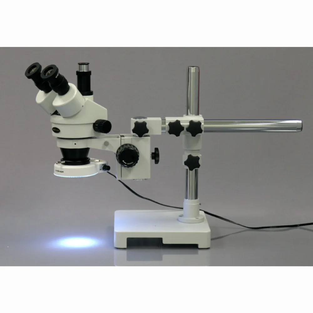 Trinocular Zoom Stereo Microscope--AmScope Supplies 7X-45X Trinocular Zoom Stereo Microscope on Boom Stand with 80 LED Light