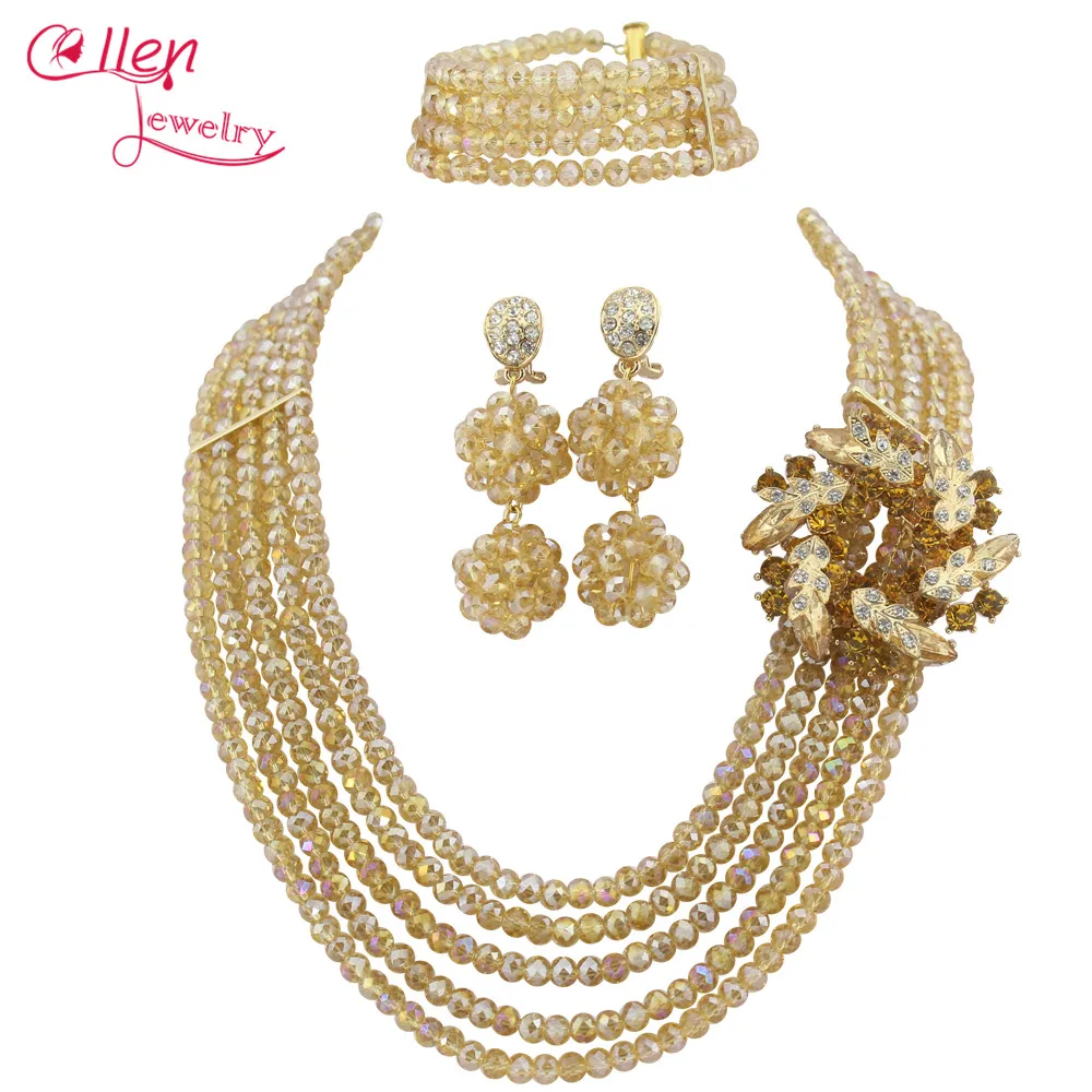 

5 Row African nigerian Wedding jewelry Set African Crystal Beads Jewelry Set dubai women necklace Set WS5688