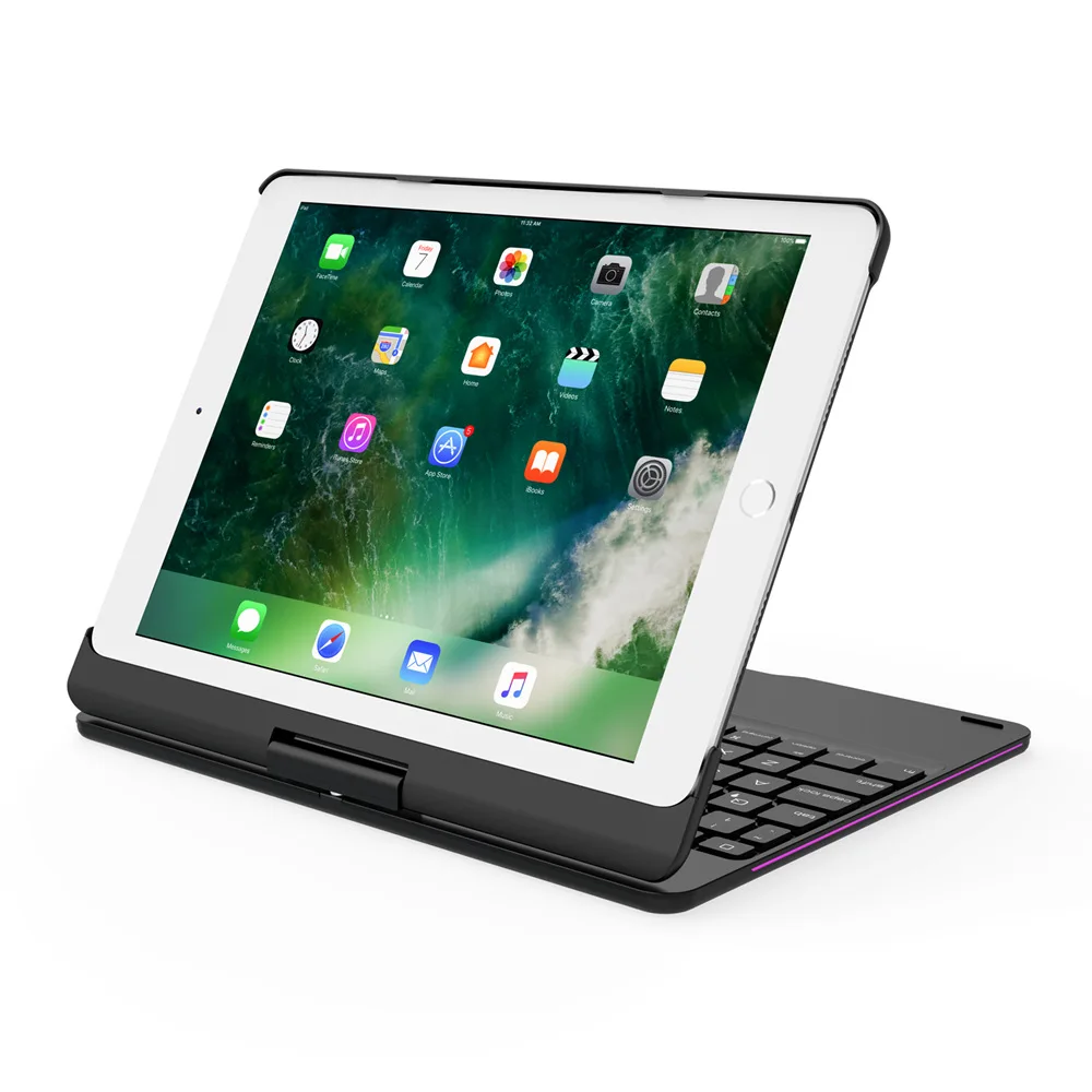 For iPad Pro 10.5 360 Degree Rotation Aluminum Bluetooth Russian/Spanish/Hebrew Keyboard Case Cover With 7 Colors LED Backlight