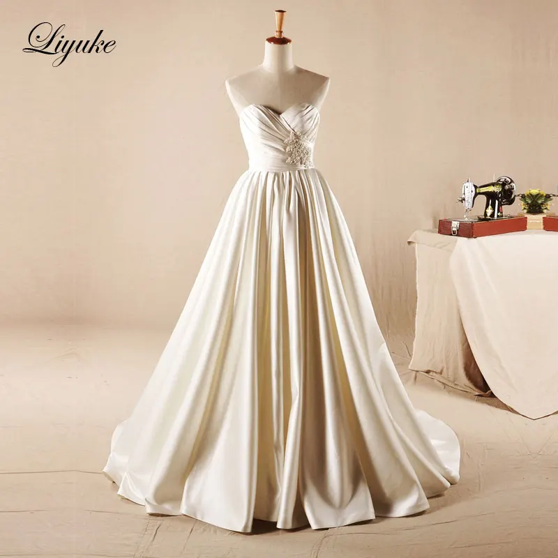 

Elegant Satin Natural Waistline A-Line Wedding Dress Satin Beautiful Appliques Bride Dress Vestido De Noiva Liyuke