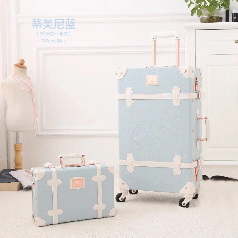 

2PCS/SET Vintage Floral PU Travel Bag Rolling Luggage,13"20"22"24"26"inch Women Retro Trolley Suitcase Bag On Universal Wheels