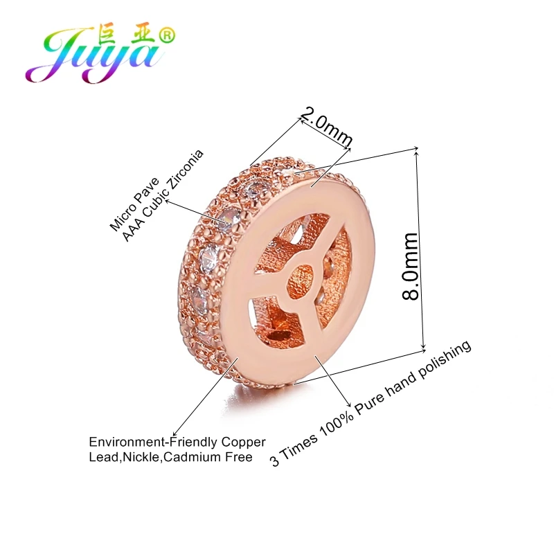 Juya 8pcs/Lot DIY Micro Pave Zircon 8mm Metal Spacer Charms Wheel Beads For Needlework Women Men Natural Stones Jewelry Making