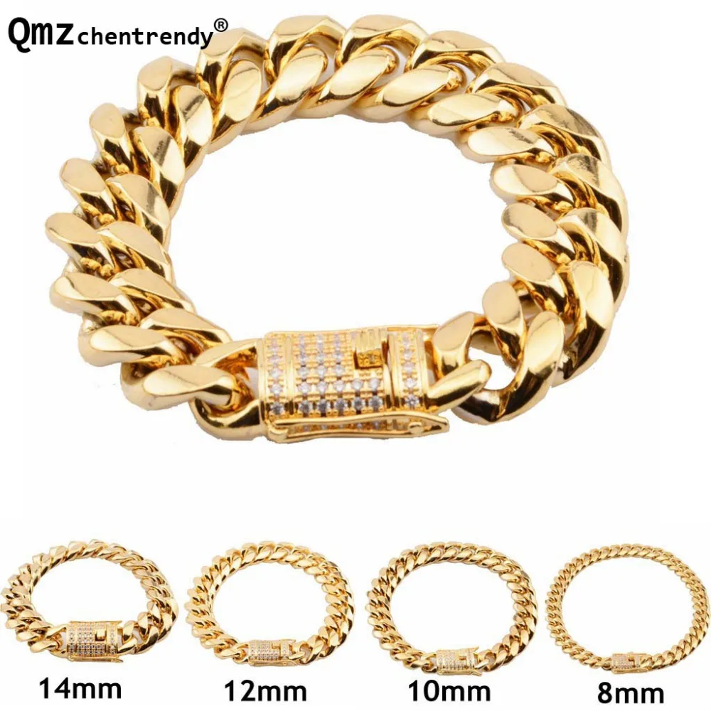 Stainless Steel Miami Cuban Link Chains Bracelets Men Hip Hop Bling Cubic Zirconia CZ Clasp Lock Curb Bangles 8/10/12/14/16/18mm