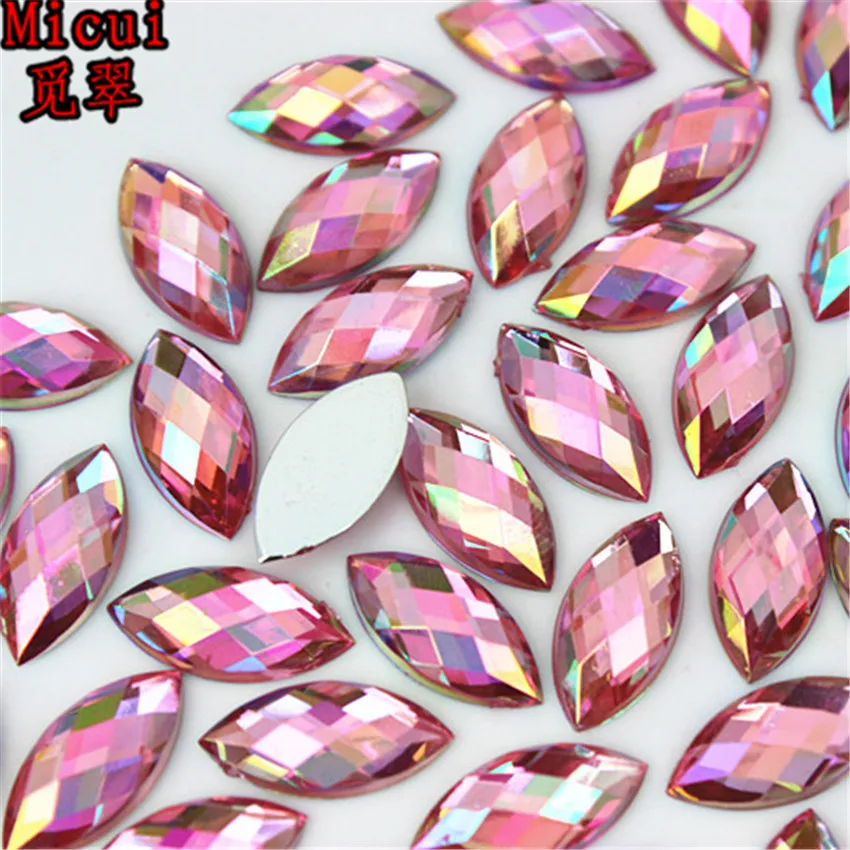 Micui 100pcs 7*15mm Horse Eye Rhinestones Flat Back Acrylic Gems Crystal Stones Non Sewing Beads for DIY Clothes MC54