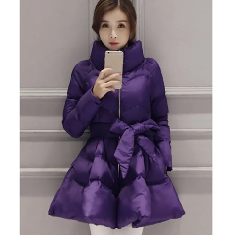 UHYTGF New Arrival Down Jacket Warm Coat Jacket Parkas For Women Winter Down Parka Female Bow Waist Fluffy Skirt Style Coat 979