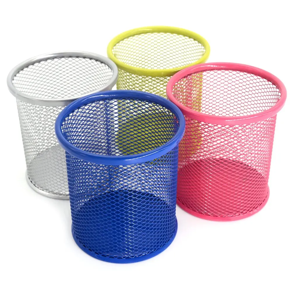 XRHYY 2 Pcs 5 Farben Mesh Runde Desktop-Organizer Runde Metall Stift Lineal Augenbraue Bleistift Make-Up Pinsel Tasse Halter Hause büro
