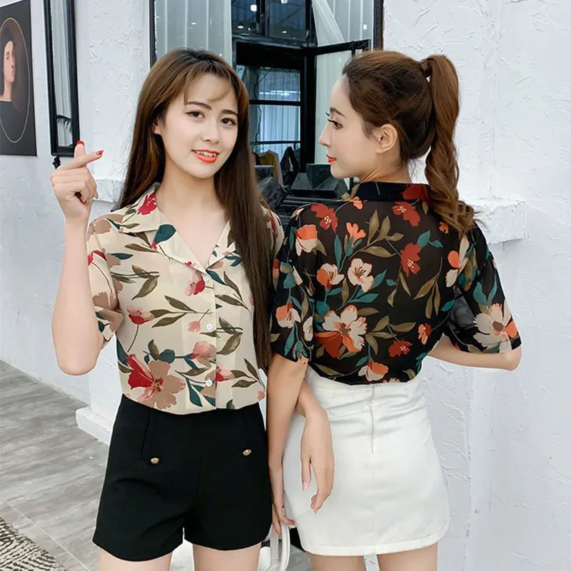 Women Summer Lapel Blouse Shirt Casual Printing Chiffon Slim Short Sleeve Blouse