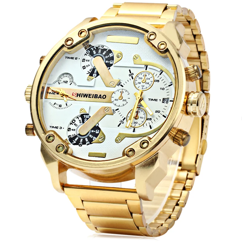 Big Watch Men Luxury Golden Steel Watchband Men\'s Quartz Watches Dual Time Zone Military Relogio Masculino Casual Clock Man