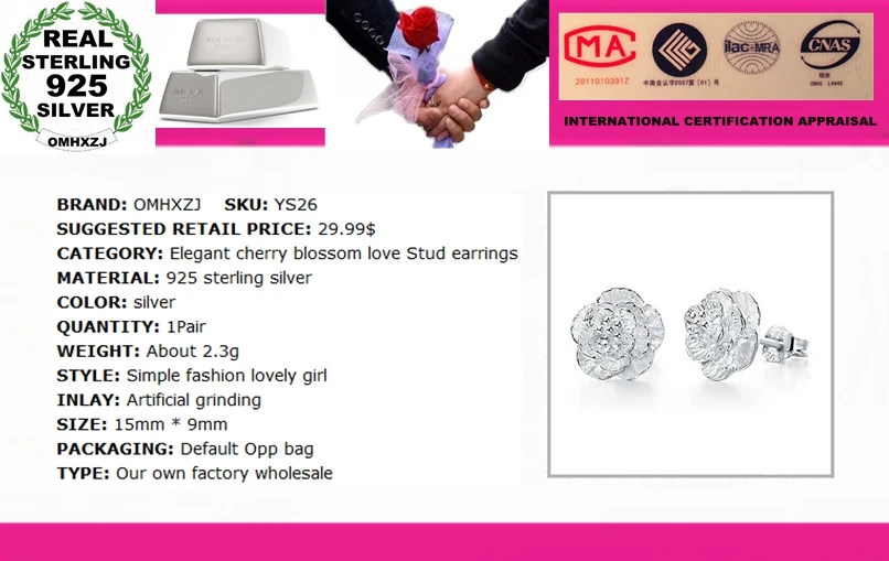 OMH wholesale Fashion jewelry The love of romantic and elegant cherry blossoms 925 sterling silver Stud earrings YS26