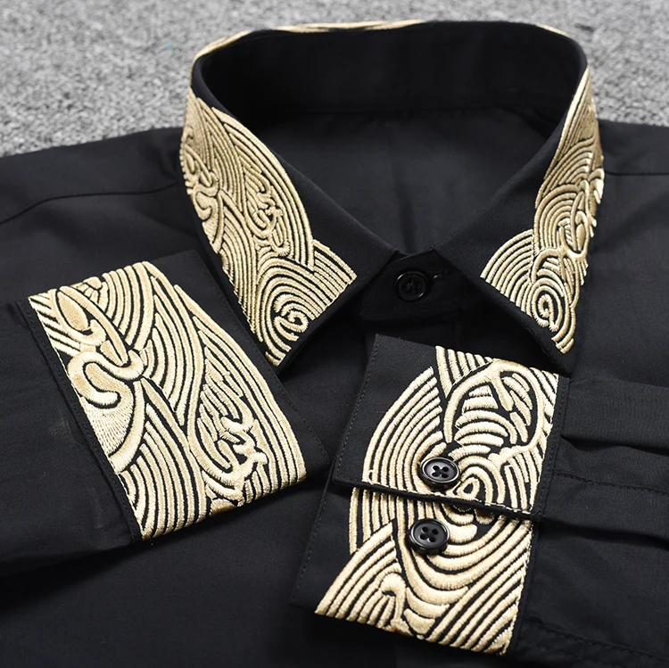 2020 Plus Size Men Autumn Spring Gold Thread Embroidery Solid Business Shirt Plus Size Long Sleeve Casual Slim Fit Shirt White
