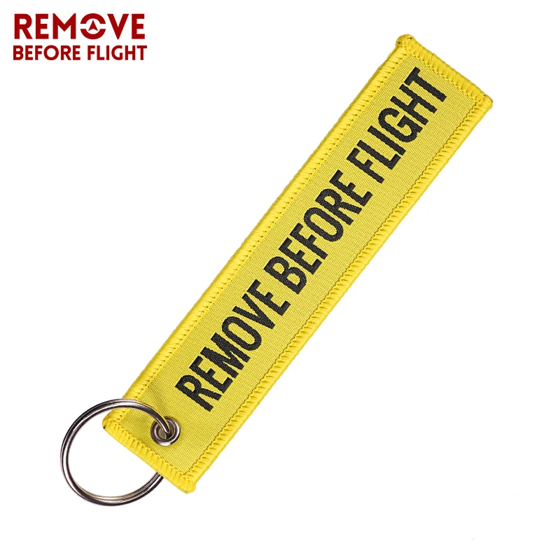 1PC Remove Before Flight Yellow with Black Letters Woven Keychain Aviation Gifts Cool Key Chains for Car Keys Motorcycle Tag FOB