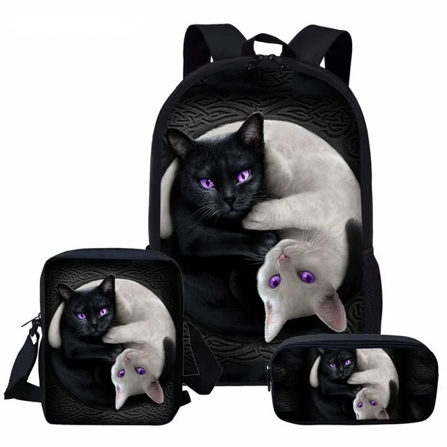 Gothic Moon Phase Black Cat Print Large Capacity Schoolbag for Teenager Girls 3Pcs/Set School Rucksack Children Backpack