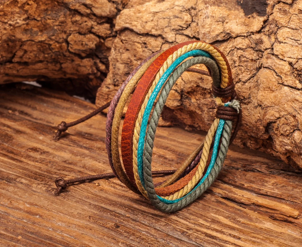 Lot 10PCS Wholesale Surfer Men's Women's Multilayer Friendship Hemp Leather Bracelet Wristband Cuff Adjustable Handcraft