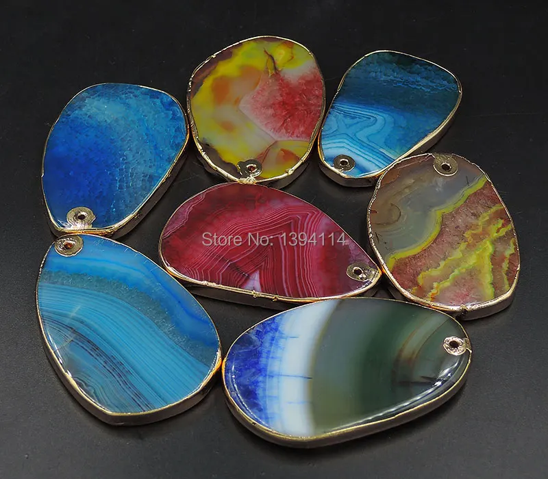 

Mixed Colors Stripe Agate Slice Pendant With Side Gold-plated Approx 50*35mm