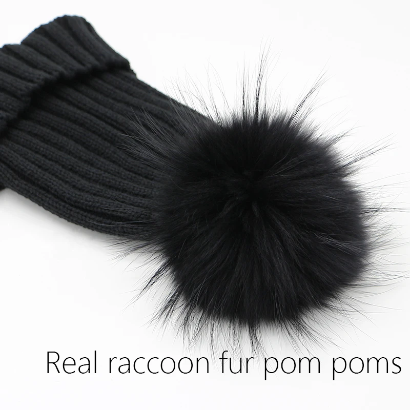 2017 Black Acrylic Winter Beanie Hat Women Real Silver Fox Fur Ball Hats Winter With Real Raccoon Fur Knitted Beanie Pom Pom Hat image 2
