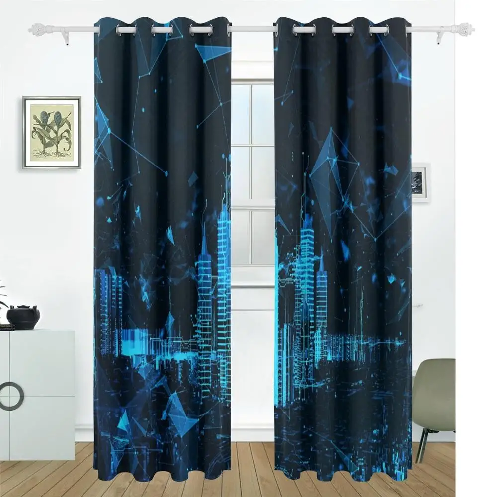 

Abstract Futuristic City 3D Curtains Drapes Panels Darkening Blackout Grommet Room Divider for Patio Window Sliding Glass Door