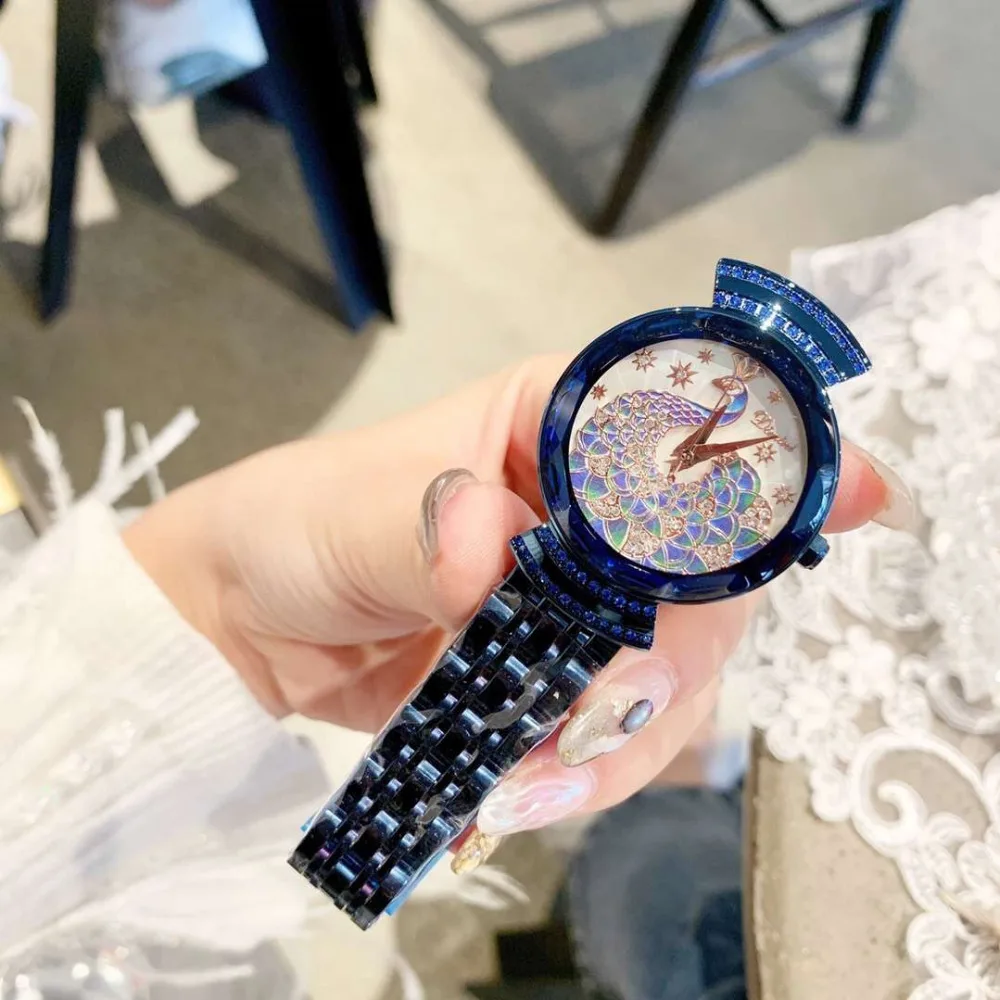 Vintage Enamel Peacock Watches for Women Luxury Crystals Bracelet Watch Anti Fading Noble Blue Steel Wrist watch Quartz Montre