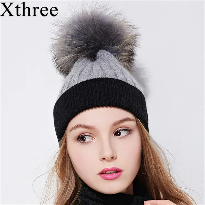 Xthree women's winter hat wool knitted hat beanies real raccoon fur pom poms Skullies hat for girls