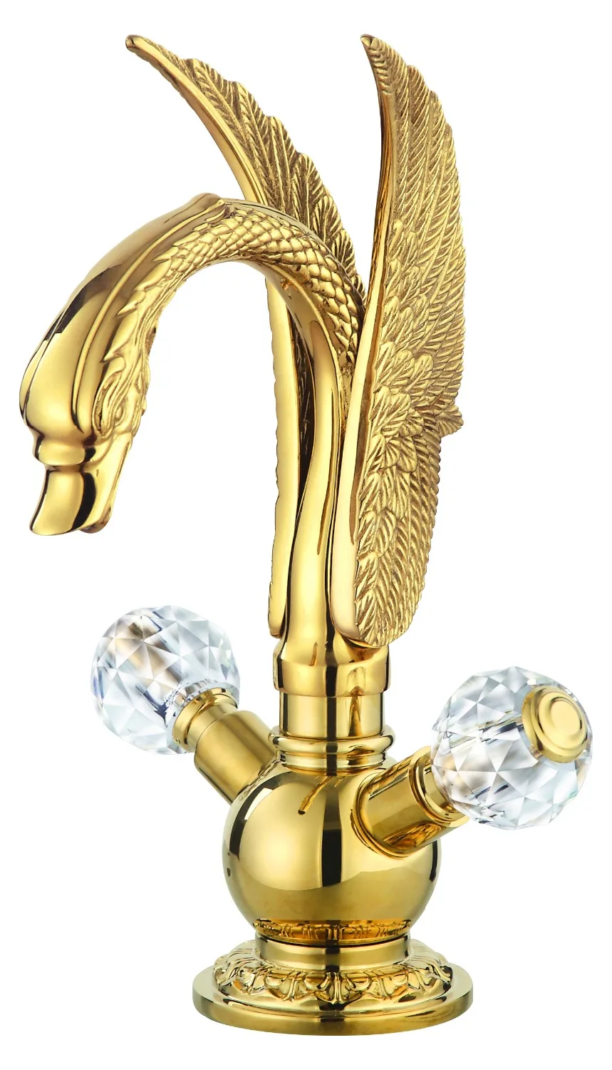 

Free ship GOLD PVD single hole Double Crystal Knobs bathroom basin swan faucet mixer tap deck mounted