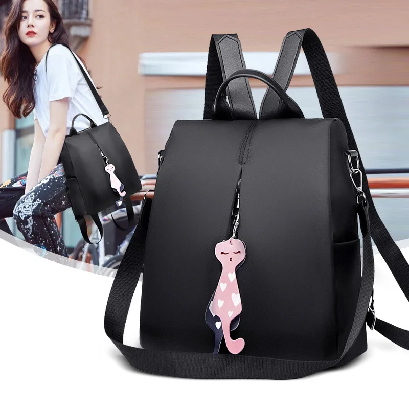 Yogodlns Frauen Rucksack Neue Mode Oxford Tasche Einfarbig Reise Rucksack Damen Kleinen Rucksack Mit Katze Anhänger – Detail 6