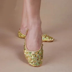 Adulto Morbido Oro Argento Sequin Oriental Belly Balletto Scarpe Da Ballo per Le Donne Ballerina Ginnastica Pieghevole Pratica Danza Appartamenti