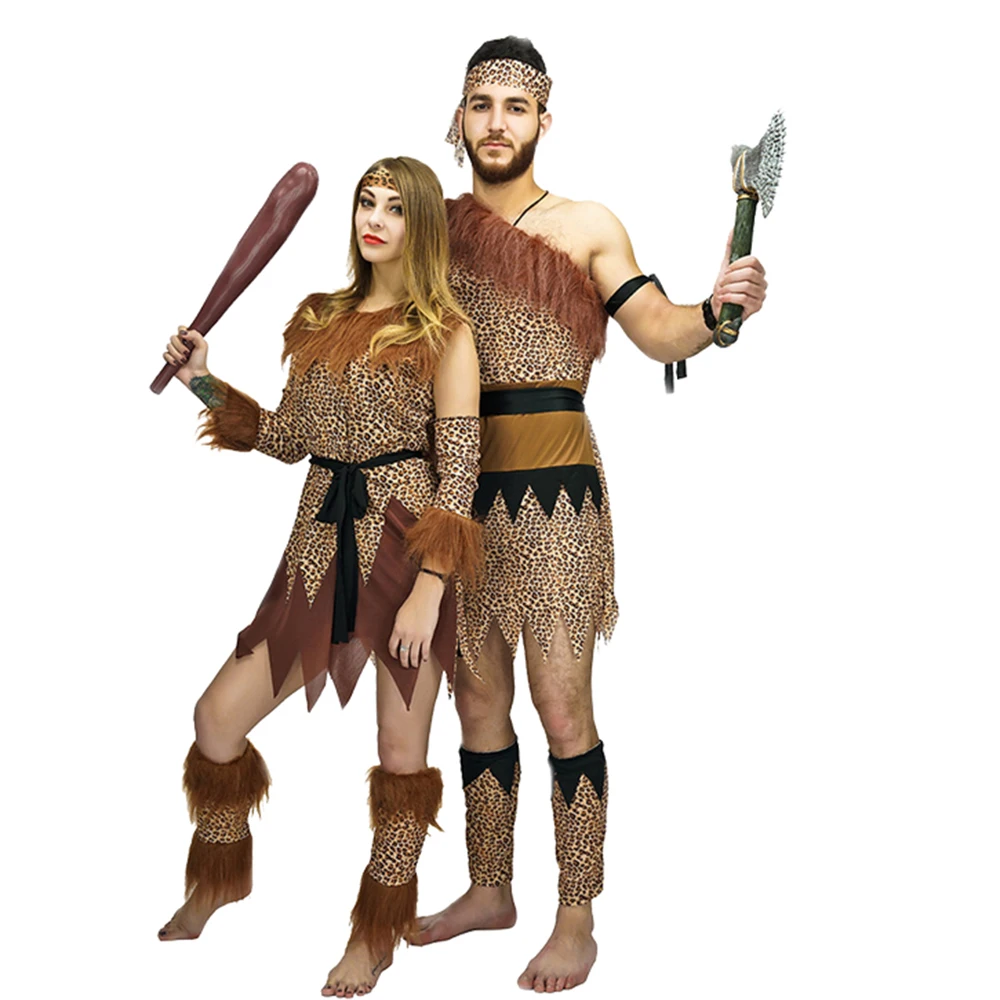 Adult Couple Jungle Caveman Costumes Cosplay Party Clothes Halloween Role Play Caveman Outfits Party Fancy Dress Up